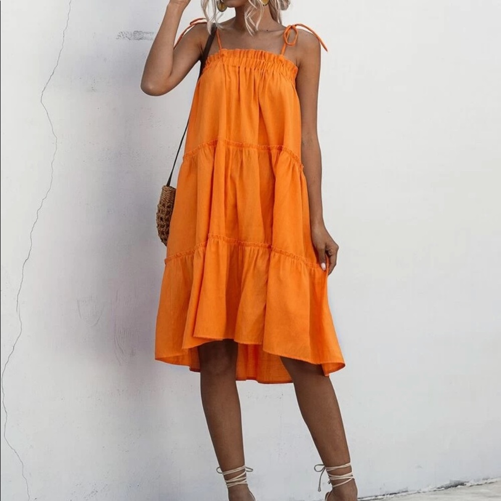 Boho orange tie shoulder frill trim cami dress